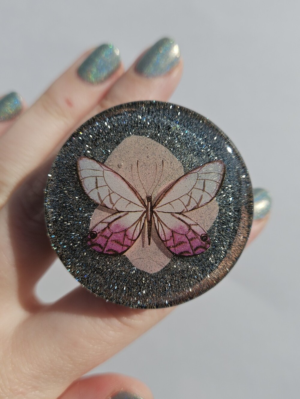 Handmade Pink Butterfly & Flower Resin Phone Grip Whimsical Cute Silver Glitter